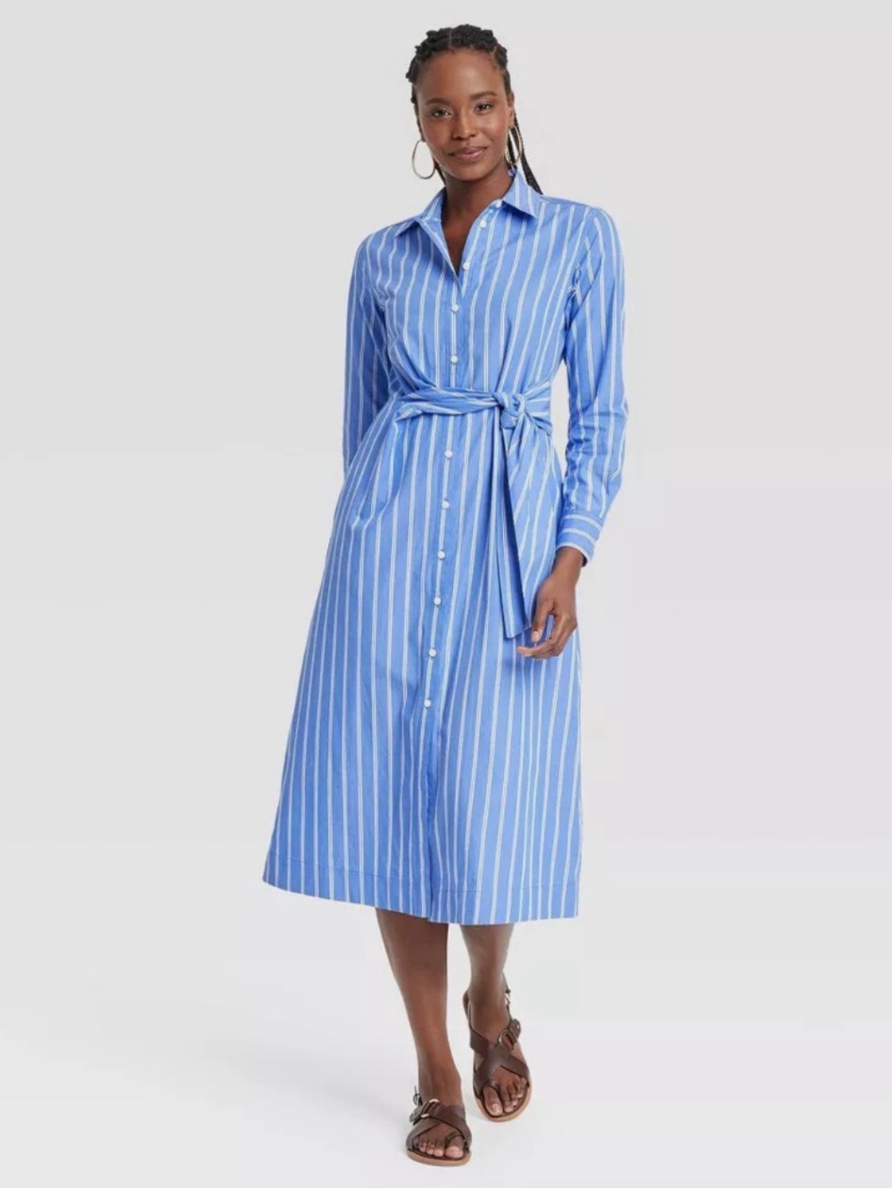 Universal Threads Long Sleeve Tie Front Midi Shirtdress, Blir with white stripes